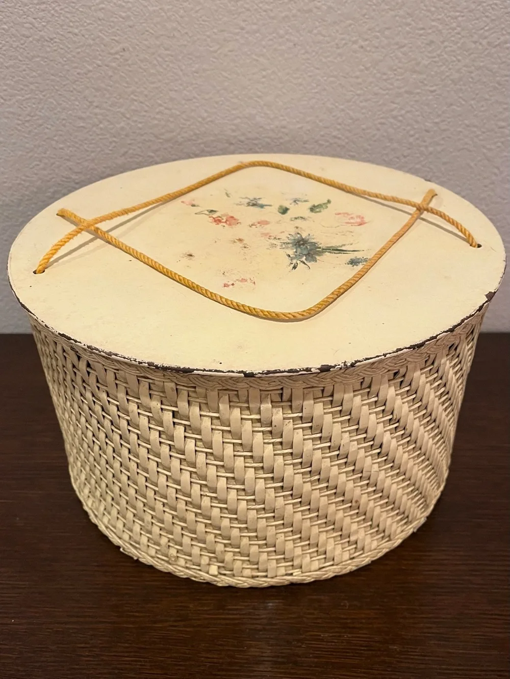 Vintage Harvey Yellow Wicker & Wood Sewing Basket with Painted Floral Enamel Lid